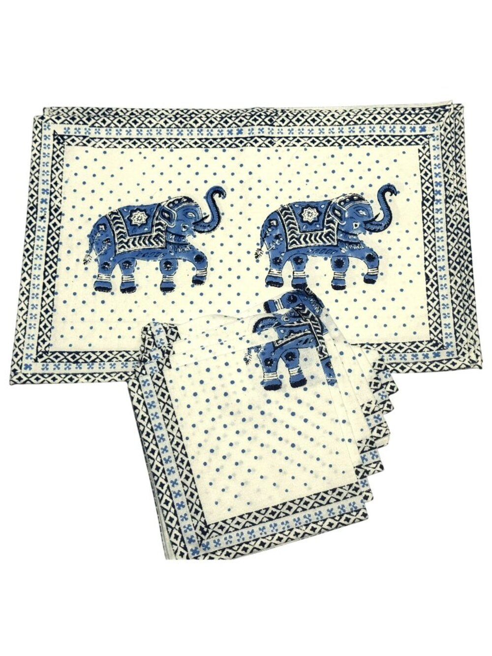 Elephant Hand Block Print Indian Style 100% Cotton Placemat & Napkin Set of 6